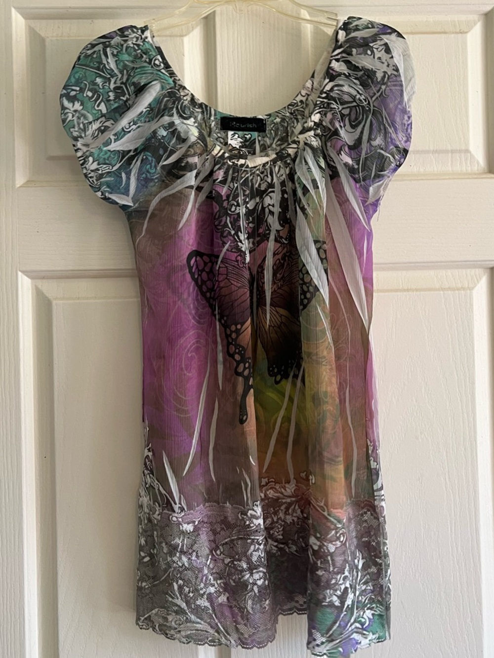 Fleurish Sheer Butterfly Print Tunic Top - Purple & Green